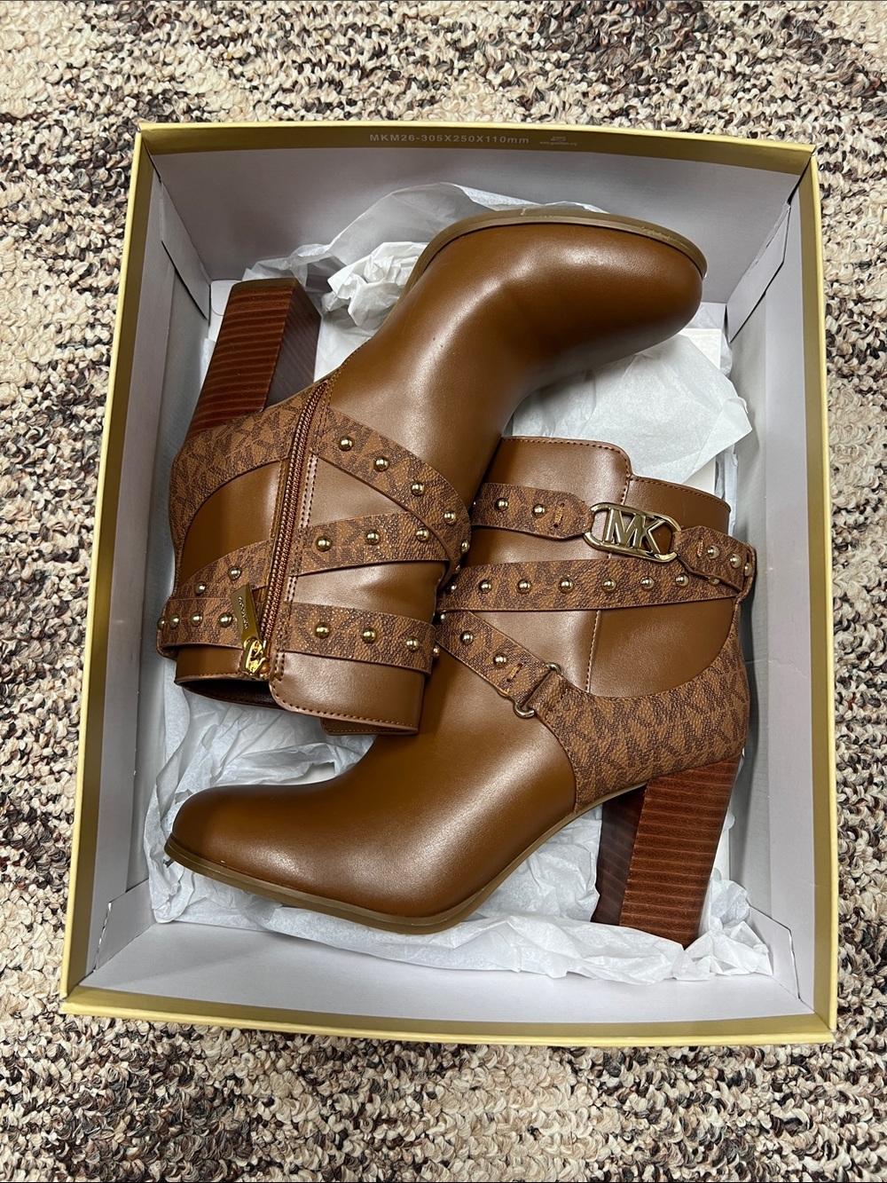 Michael Kors Cognac Brown Leather Studded Ankle Booties with MK Logo